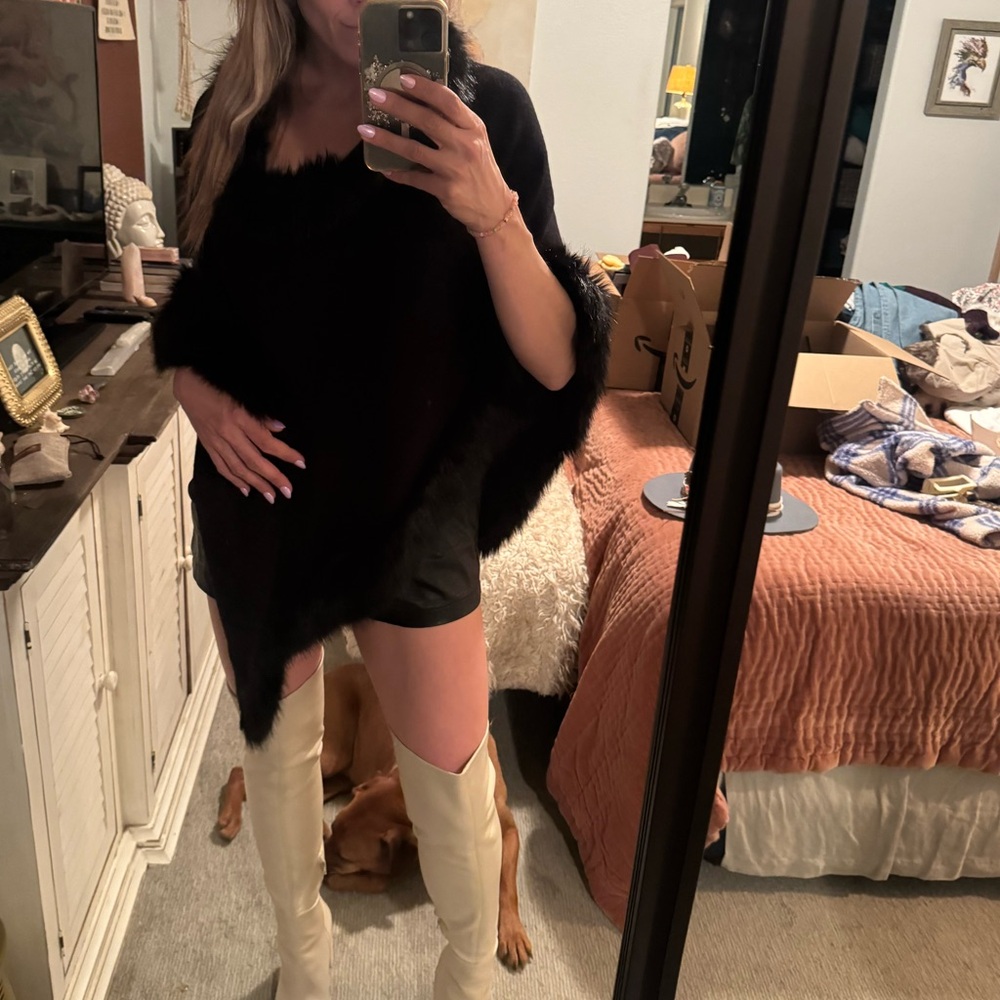 Black Poncho with Faux Fur Trim